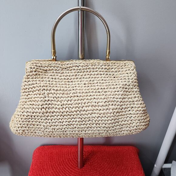 70s Vintage Marcus Brothers Pale Raffia Framed Doctor Bag Purse, Large - Picture 2 of 8